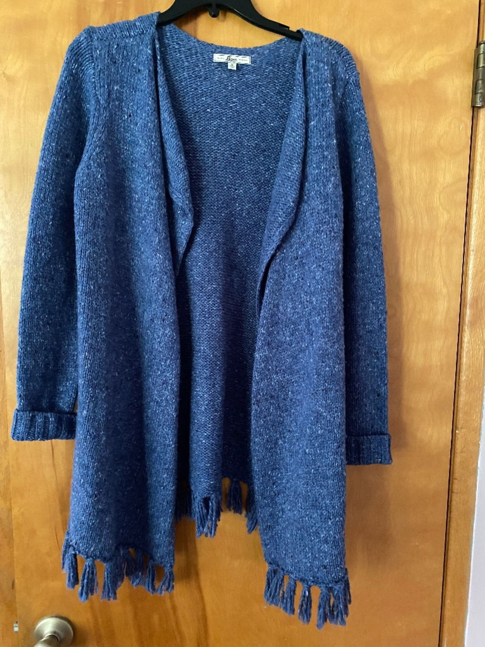 Bass Blue-Fringed Open-Front Knit Cardigan